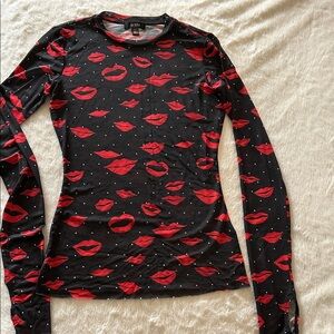 AFRM Black Long Sleeve Top with Red Lip Pattern